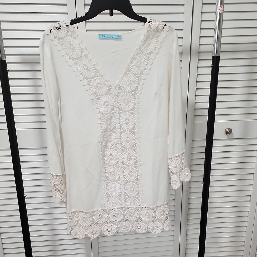 Solitaire Swim Romantic Beach Cover Up. Small. Crochet Accents